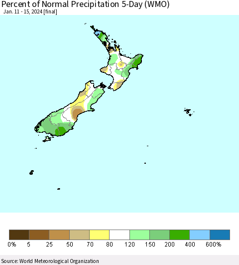 New Zealand Percent of Normal Precipitation 5-Day (WMO) Thematic Map For 1/11/2024 - 1/15/2024