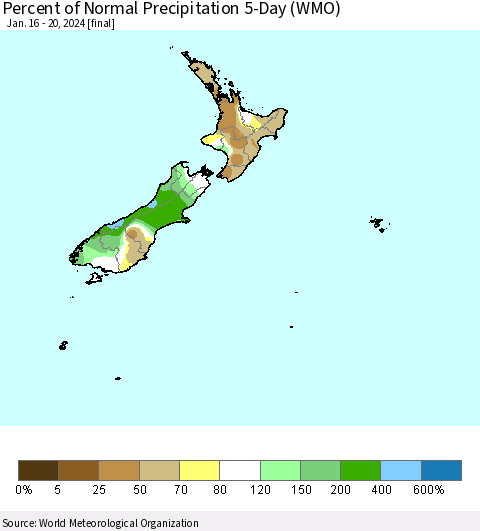 New Zealand Percent of Normal Precipitation 5-Day (WMO) Thematic Map For 1/16/2024 - 1/20/2024