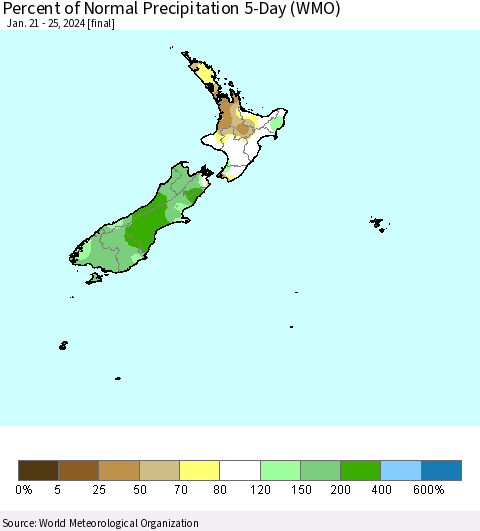 New Zealand Percent of Normal Precipitation 5-Day (WMO) Thematic Map For 1/21/2024 - 1/25/2024