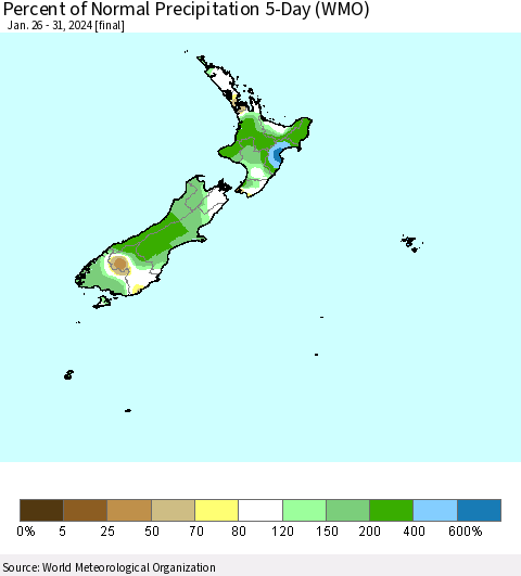 New Zealand Percent of Normal Precipitation 5-Day (WMO) Thematic Map For 1/26/2024 - 1/31/2024