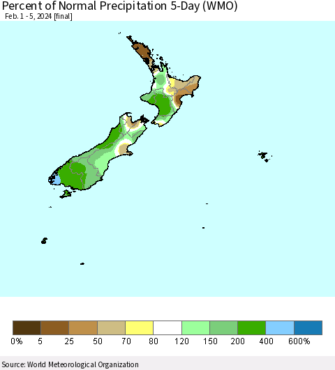 New Zealand Percent of Normal Precipitation 5-Day (WMO) Thematic Map For 2/1/2024 - 2/5/2024