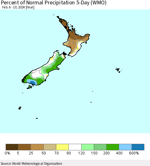 New Zealand Percent of Normal Precipitation 5-Day (WMO) Thematic Map For 2/6/2024 - 2/10/2024