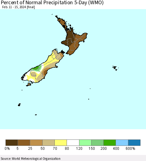 New Zealand Percent of Normal Precipitation 5-Day (WMO) Thematic Map For 2/11/2024 - 2/15/2024