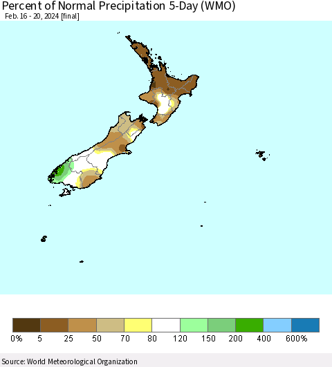 New Zealand Percent of Normal Precipitation 5-Day (WMO) Thematic Map For 2/16/2024 - 2/20/2024