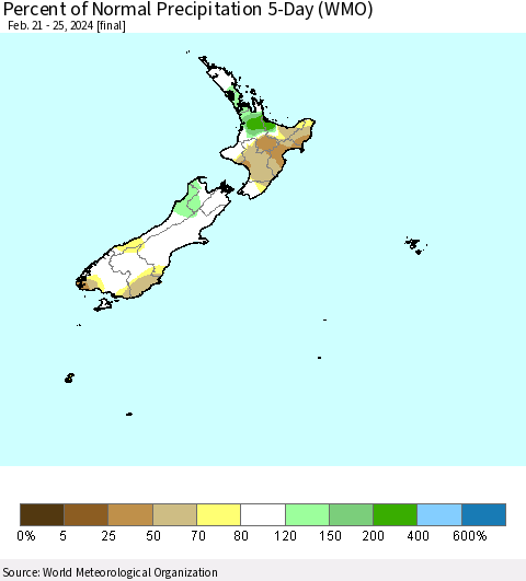 New Zealand Percent of Normal Precipitation 5-Day (WMO) Thematic Map For 2/21/2024 - 2/25/2024
