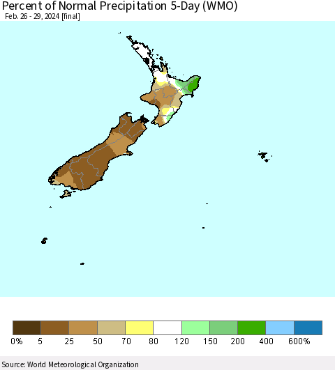 New Zealand Percent of Normal Precipitation 5-Day (WMO) Thematic Map For 2/26/2024 - 2/29/2024