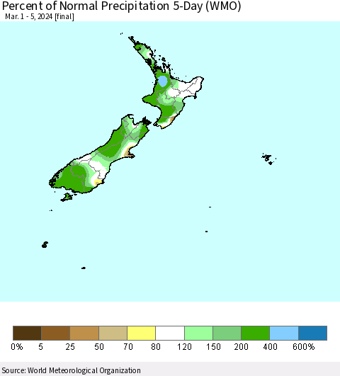 New Zealand Percent of Normal Precipitation 5-Day (WMO) Thematic Map For 3/1/2024 - 3/5/2024