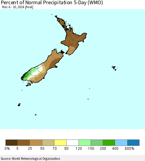 New Zealand Percent of Normal Precipitation 5-Day (WMO) Thematic Map For 3/6/2024 - 3/10/2024