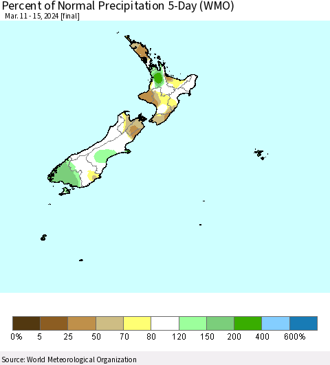 New Zealand Percent of Normal Precipitation 5-Day (WMO) Thematic Map For 3/11/2024 - 3/15/2024