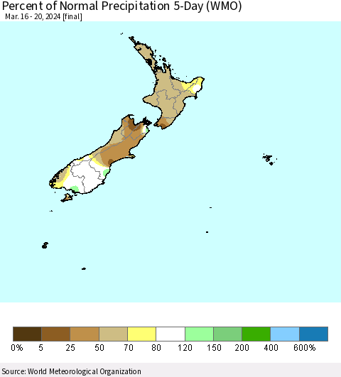 New Zealand Percent of Normal Precipitation 5-Day (WMO) Thematic Map For 3/16/2024 - 3/20/2024