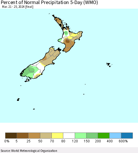 New Zealand Percent of Normal Precipitation 5-Day (WMO) Thematic Map For 3/21/2024 - 3/25/2024