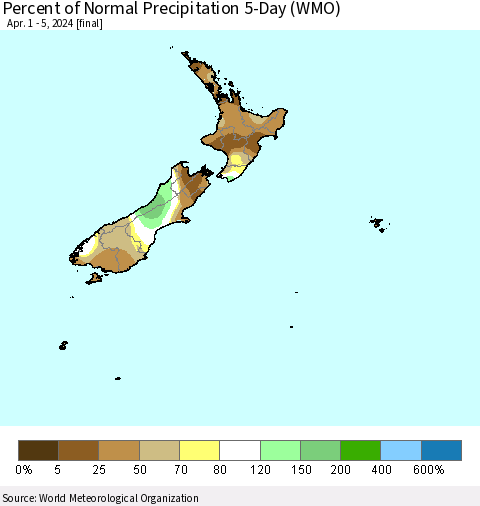 New Zealand Percent of Normal Precipitation 5-Day (WMO) Thematic Map For 4/1/2024 - 4/5/2024