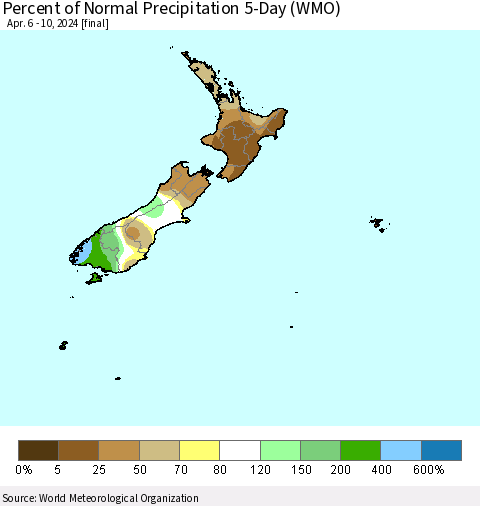 New Zealand Percent of Normal Precipitation 5-Day (WMO) Thematic Map For 4/6/2024 - 4/10/2024