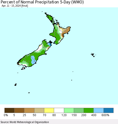 New Zealand Percent of Normal Precipitation 5-Day (WMO) Thematic Map For 4/11/2024 - 4/15/2024