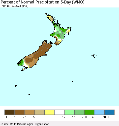New Zealand Percent of Normal Precipitation 5-Day (WMO) Thematic Map For 4/16/2024 - 4/20/2024