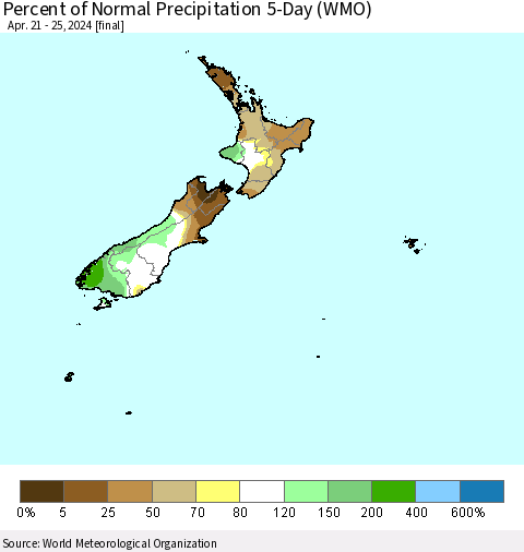New Zealand Percent of Normal Precipitation 5-Day (WMO) Thematic Map For 4/21/2024 - 4/25/2024