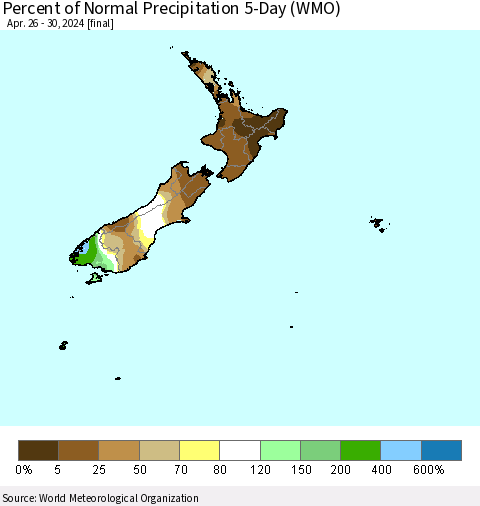 New Zealand Percent of Normal Precipitation 5-Day (WMO) Thematic Map For 4/26/2024 - 4/30/2024