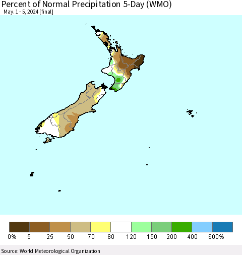 New Zealand Percent of Normal Precipitation 5-Day (WMO) Thematic Map For 5/1/2024 - 5/5/2024