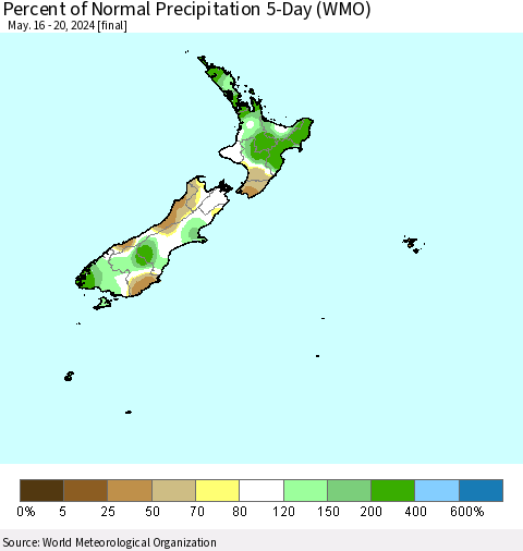 New Zealand Percent of Normal Precipitation 5-Day (WMO) Thematic Map For 5/16/2024 - 5/20/2024