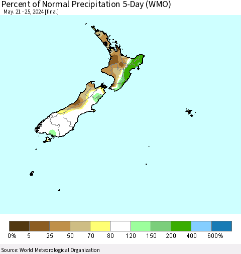 New Zealand Percent of Normal Precipitation 5-Day (WMO) Thematic Map For 5/21/2024 - 5/25/2024