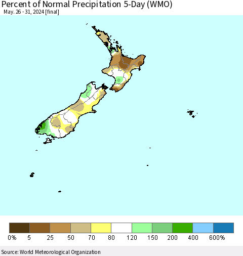 New Zealand Percent of Normal Precipitation 5-Day (WMO) Thematic Map For 5/26/2024 - 5/31/2024