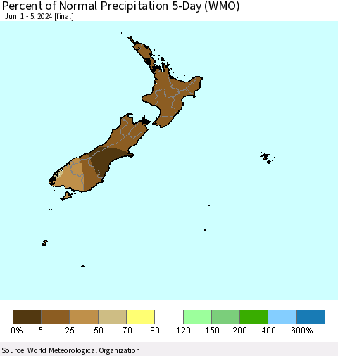 New Zealand Percent of Normal Precipitation 5-Day (WMO) Thematic Map For 6/1/2024 - 6/5/2024