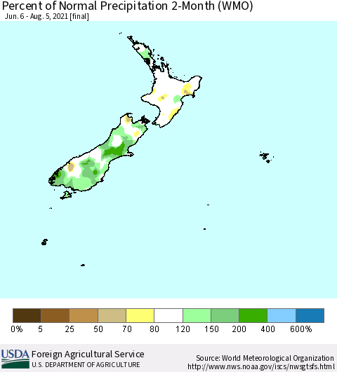 New Zealand Percent of Normal Precipitation 2-Month (WMO) Thematic Map For 6/6/2021 - 8/5/2021