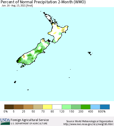 New Zealand Percent of Normal Precipitation 2-Month (WMO) Thematic Map For 6/16/2021 - 8/15/2021