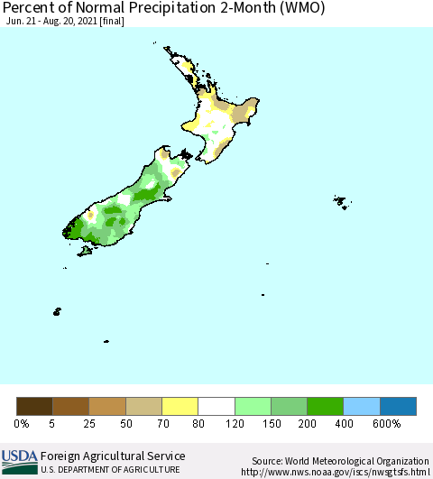 New Zealand Percent of Normal Precipitation 2-Month (WMO) Thematic Map For 6/21/2021 - 8/20/2021