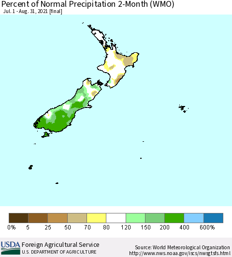 New Zealand Percent of Normal Precipitation 2-Month (WMO) Thematic Map For 7/1/2021 - 8/31/2021