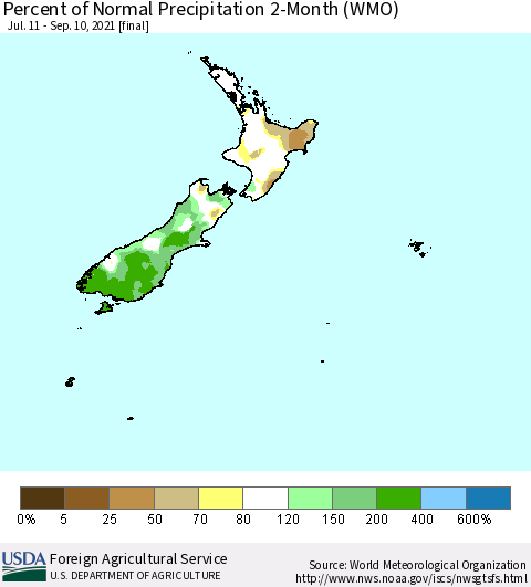 New Zealand Percent of Normal Precipitation 2-Month (WMO) Thematic Map For 7/11/2021 - 9/10/2021