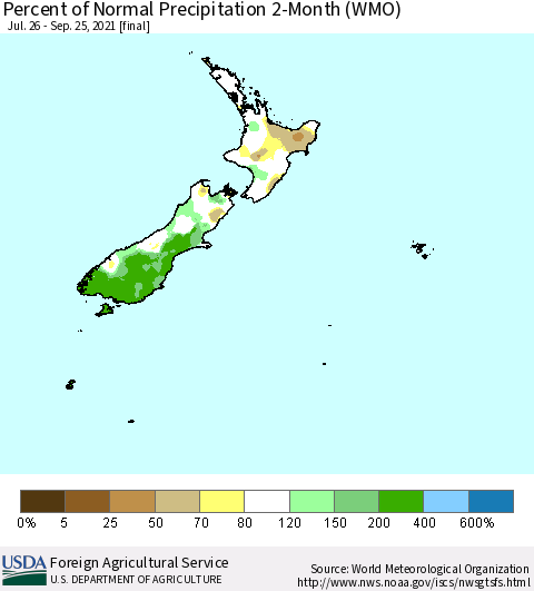 New Zealand Percent of Normal Precipitation 2-Month (WMO) Thematic Map For 7/26/2021 - 9/25/2021