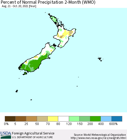 New Zealand Percent of Normal Precipitation 2-Month (WMO) Thematic Map For 8/21/2021 - 10/20/2021