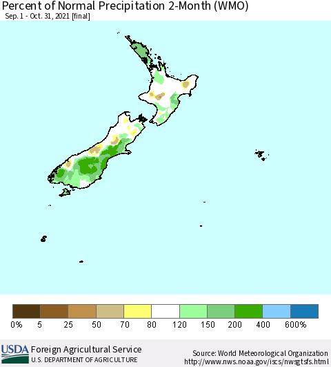 New Zealand Percent of Normal Precipitation 2-Month (WMO) Thematic Map For 9/1/2021 - 10/31/2021