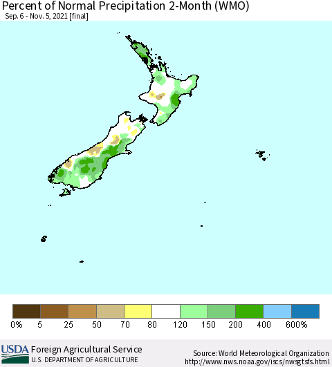 New Zealand Percent of Normal Precipitation 2-Month (WMO) Thematic Map For 9/6/2021 - 11/5/2021