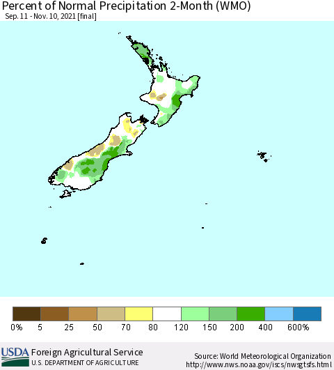 New Zealand Percent of Normal Precipitation 2-Month (WMO) Thematic Map For 9/11/2021 - 11/10/2021