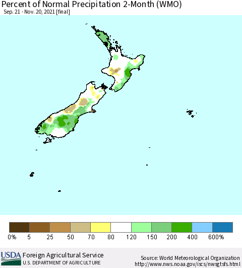 New Zealand Percent of Normal Precipitation 2-Month (WMO) Thematic Map For 9/21/2021 - 11/20/2021