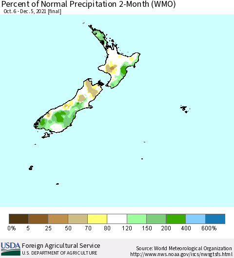 New Zealand Percent of Normal Precipitation 2-Month (WMO) Thematic Map For 10/6/2021 - 12/5/2021