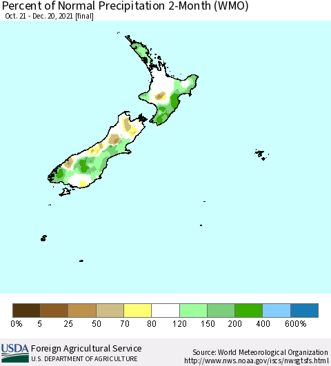 New Zealand Percent of Normal Precipitation 2-Month (WMO) Thematic Map For 10/21/2021 - 12/20/2021