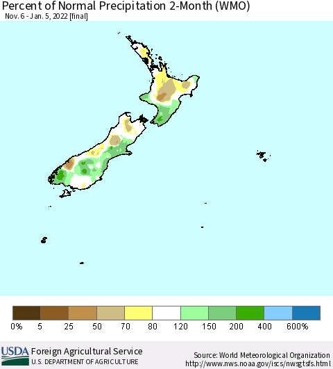 New Zealand Percent of Normal Precipitation 2-Month (WMO) Thematic Map For 11/6/2021 - 1/5/2022