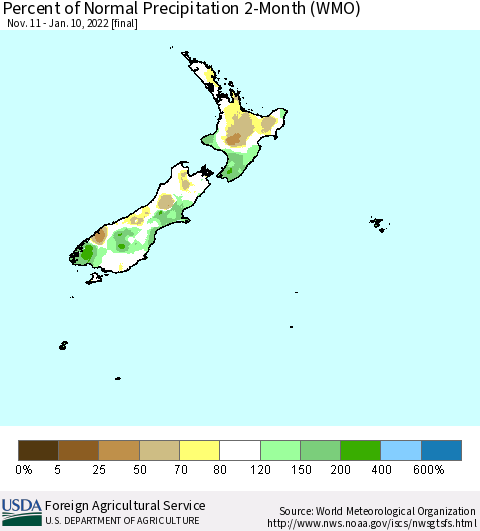 New Zealand Percent of Normal Precipitation 2-Month (WMO) Thematic Map For 11/11/2021 - 1/10/2022