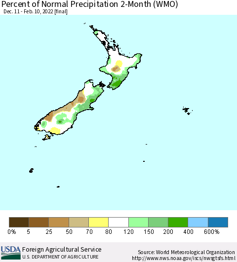 New Zealand Percent of Normal Precipitation 2-Month (WMO) Thematic Map For 12/11/2021 - 2/10/2022