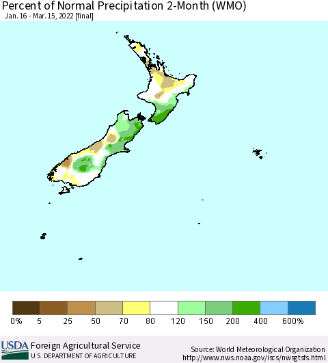 New Zealand Percent of Normal Precipitation 2-Month (WMO) Thematic Map For 1/16/2022 - 3/15/2022
