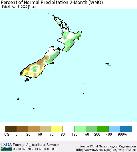 New Zealand Percent of Normal Precipitation 2-Month (WMO) Thematic Map For 2/6/2022 - 4/5/2022