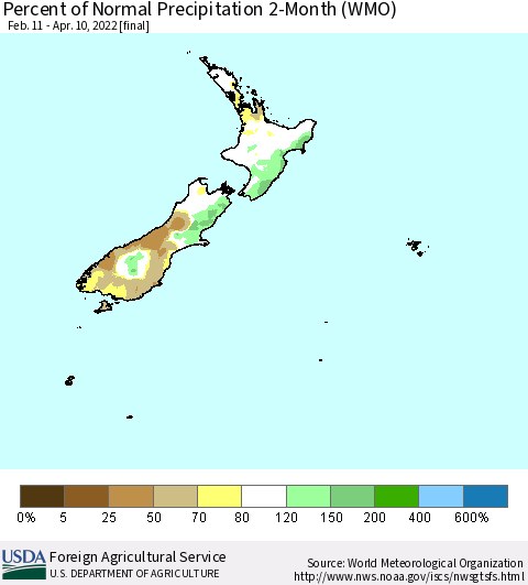 New Zealand Percent of Normal Precipitation 2-Month (WMO) Thematic Map For 2/11/2022 - 4/10/2022