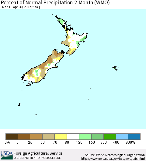 New Zealand Percent of Normal Precipitation 2-Month (WMO) Thematic Map For 3/1/2022 - 4/30/2022