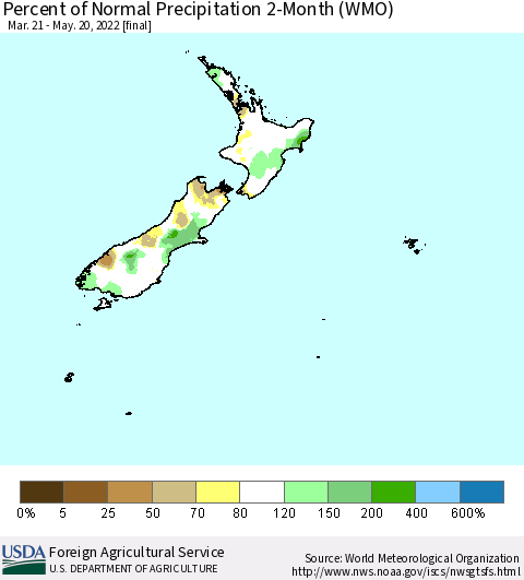 New Zealand Percent of Normal Precipitation 2-Month (WMO) Thematic Map For 3/21/2022 - 5/20/2022
