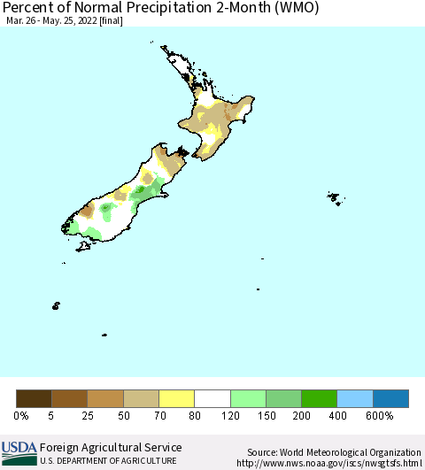 New Zealand Percent of Normal Precipitation 2-Month (WMO) Thematic Map For 3/26/2022 - 5/25/2022
