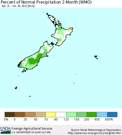 New Zealand Percent of Normal Precipitation 2-Month (WMO) Thematic Map For 4/21/2022 - 6/20/2022