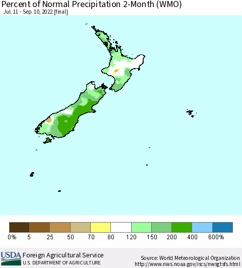 New Zealand Percent of Normal Precipitation 2-Month (WMO) Thematic Map For 7/11/2022 - 9/10/2022